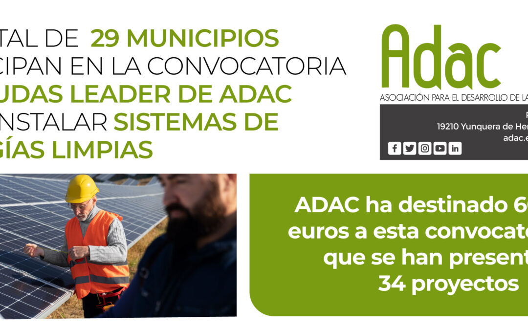 Un total de 29 municipios participan en la convocatoria de ayudas LEADER de ADAC para instalar sistemas de energía limpia
